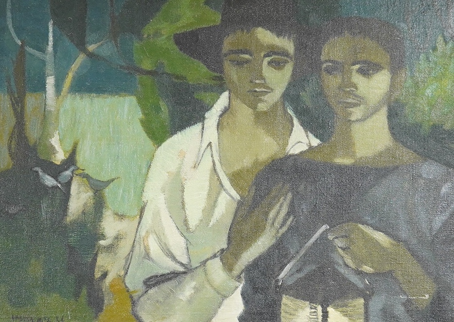 Ursula McCannell (1923-2015), Modern British oil on canvas, ‘Bird watchers’, signed and dated '56, various exhibition and gallery labels verso, 25 x 34cm. Condition - fair, small repair to lower half of canvas